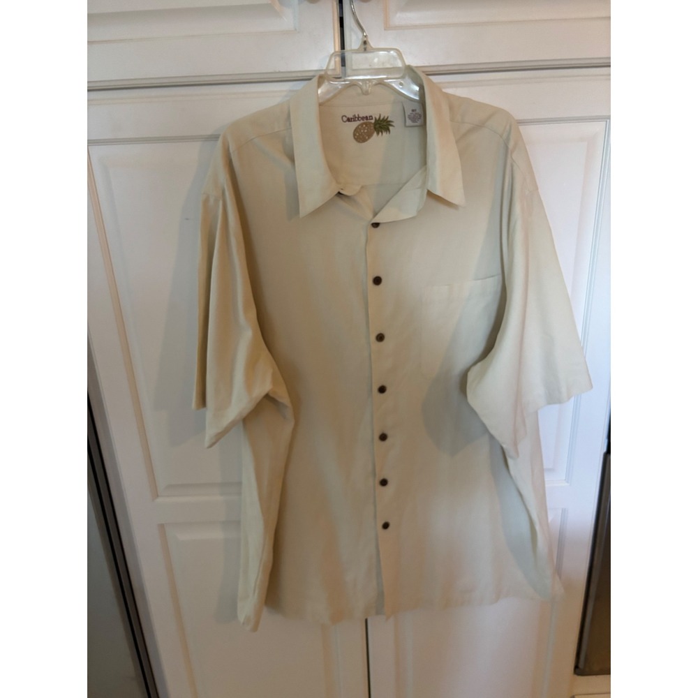 Caribbean Mens Silk Cotton Blend Short Sleeve Button Up Shirt Cream 3XT Tall